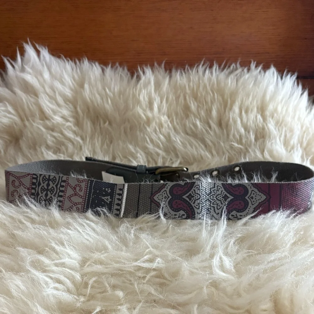 Bohemian Patterned Gray Belt with Brass Buckle and Accents
